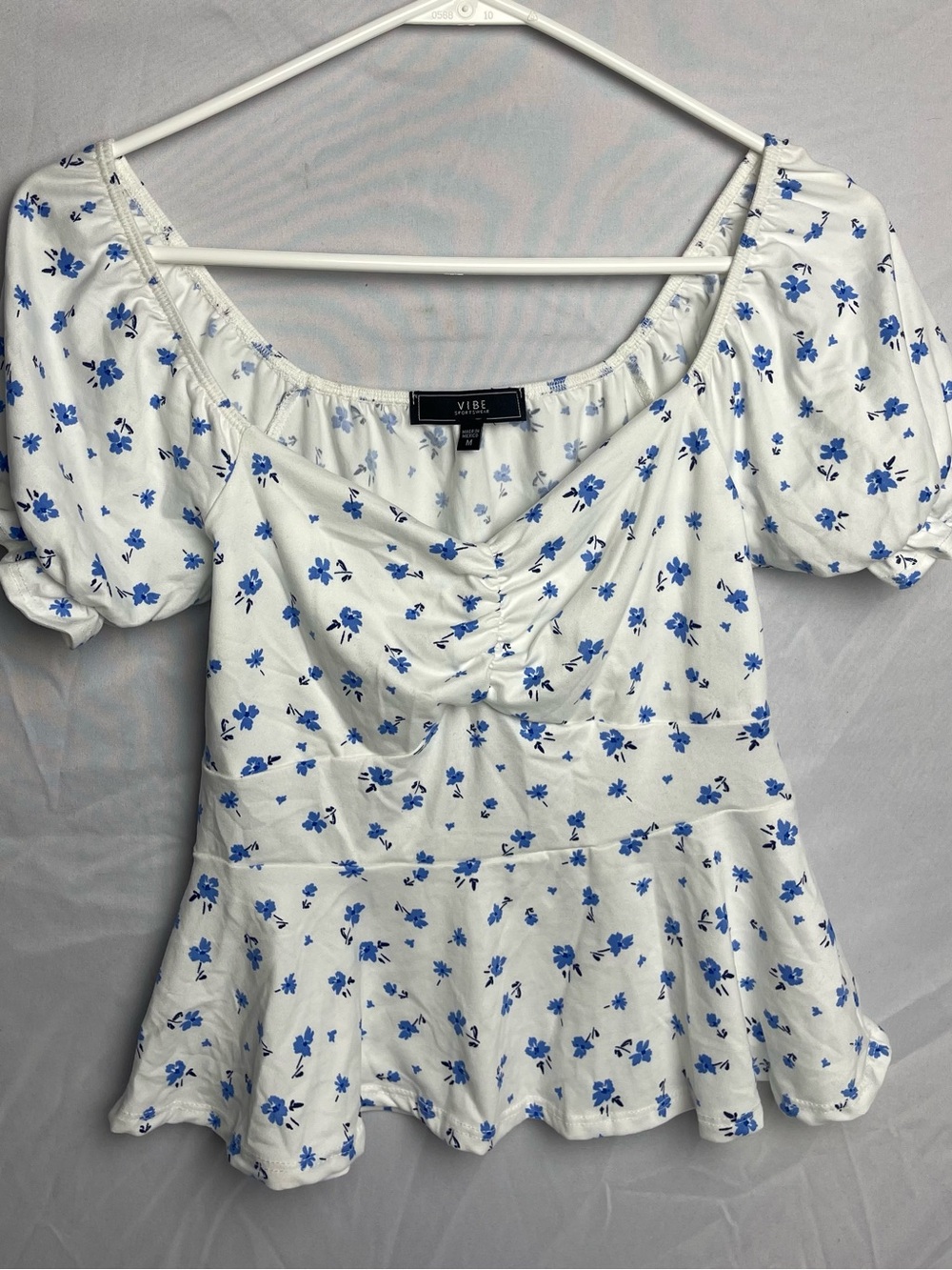 Vibe White Top with Blue Floral Print Peplum